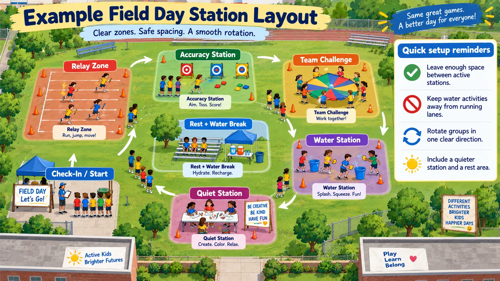 Example layout separating active Field Day stations to keep equipment from crossing