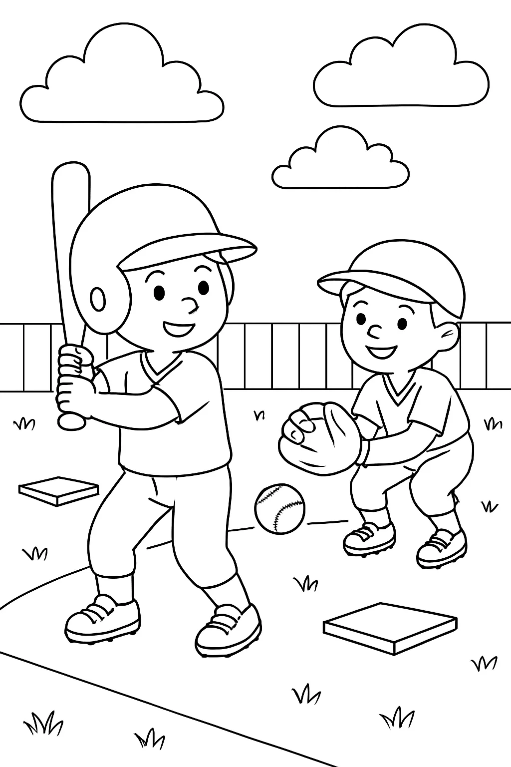 Kids Playing Baseball Coloring Page