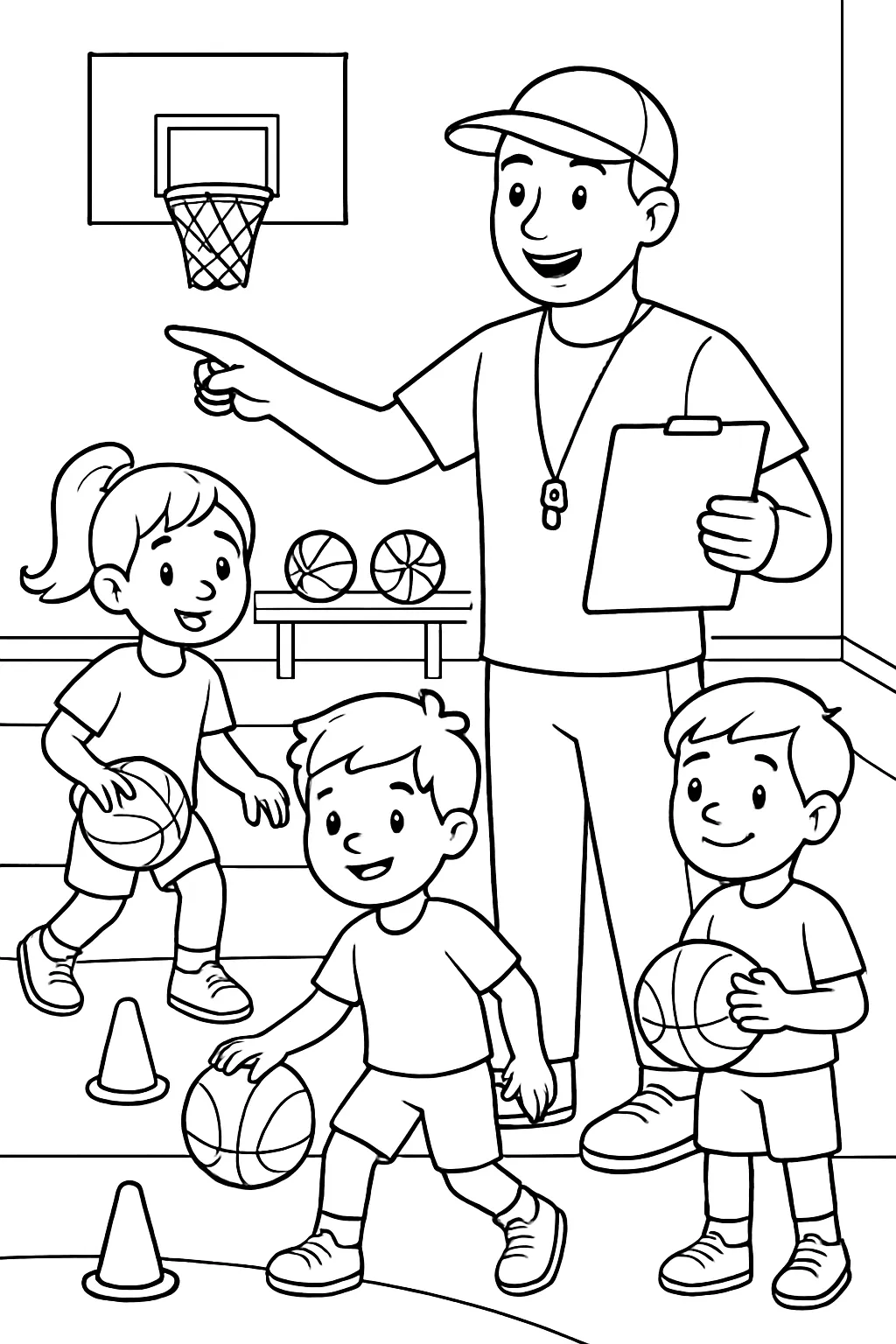 Basketball Coach Practice Coloring Page