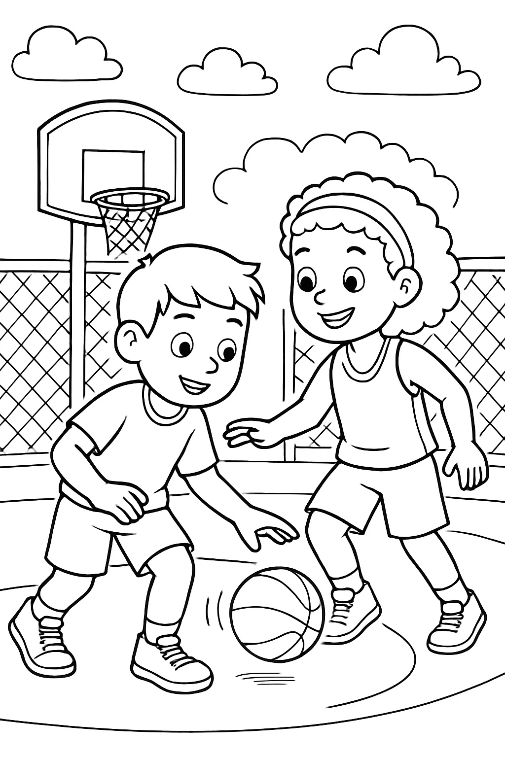 Kids Playing Basketball Coloring Page