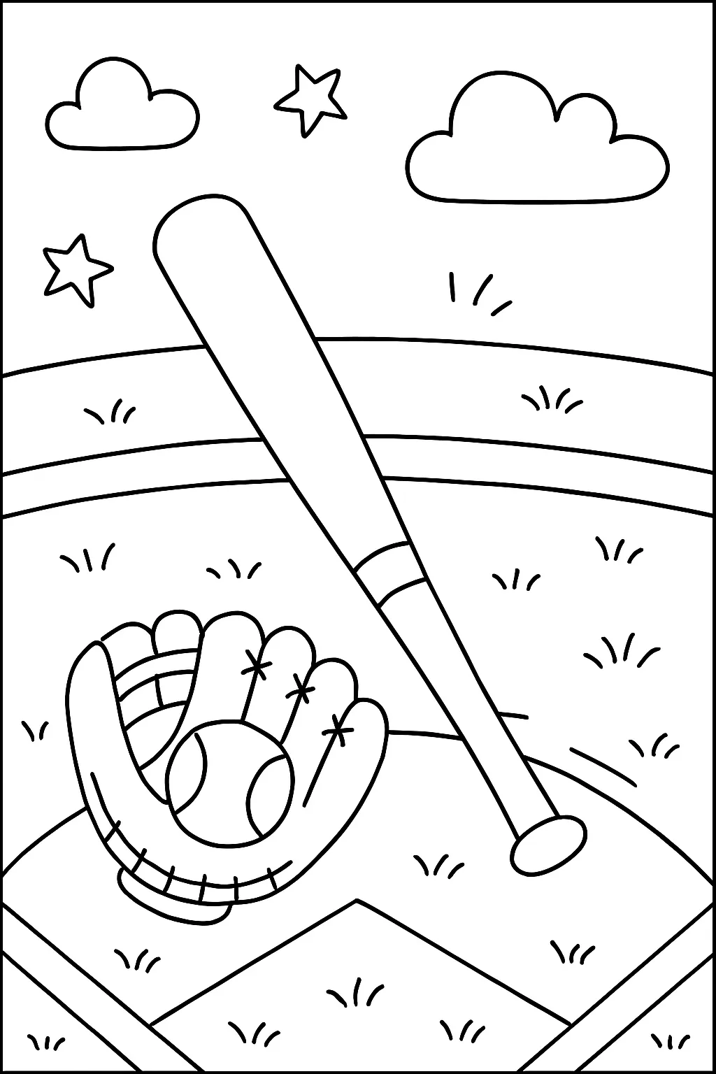 Easy Baseball Bat and Ball Coloring Page