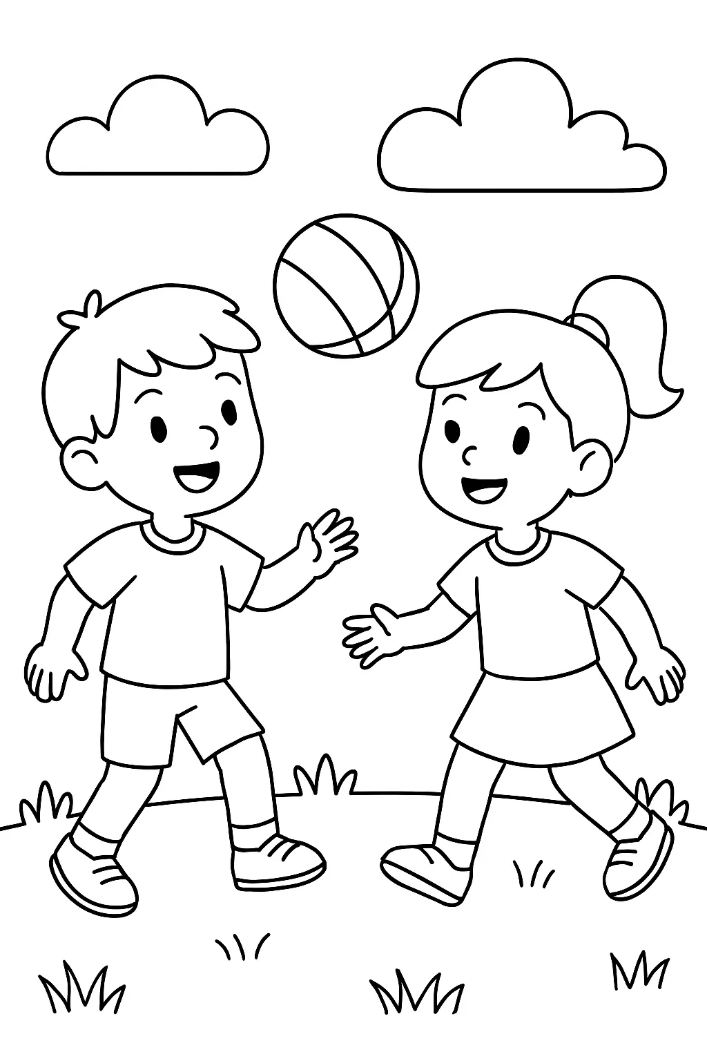 Easy Kids Playing Ball Coloring Page