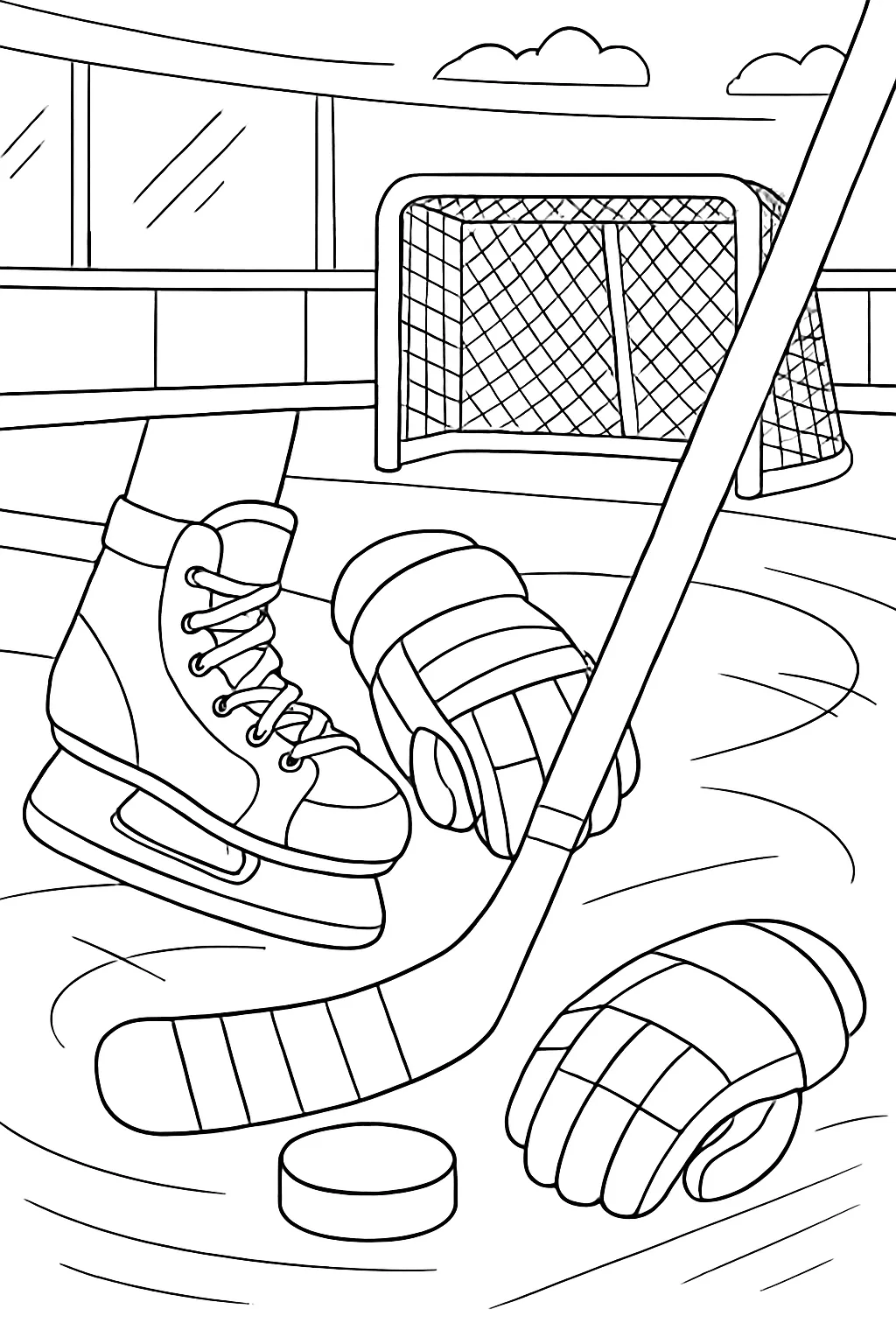 Hockey Stick and Puck Coloring Page