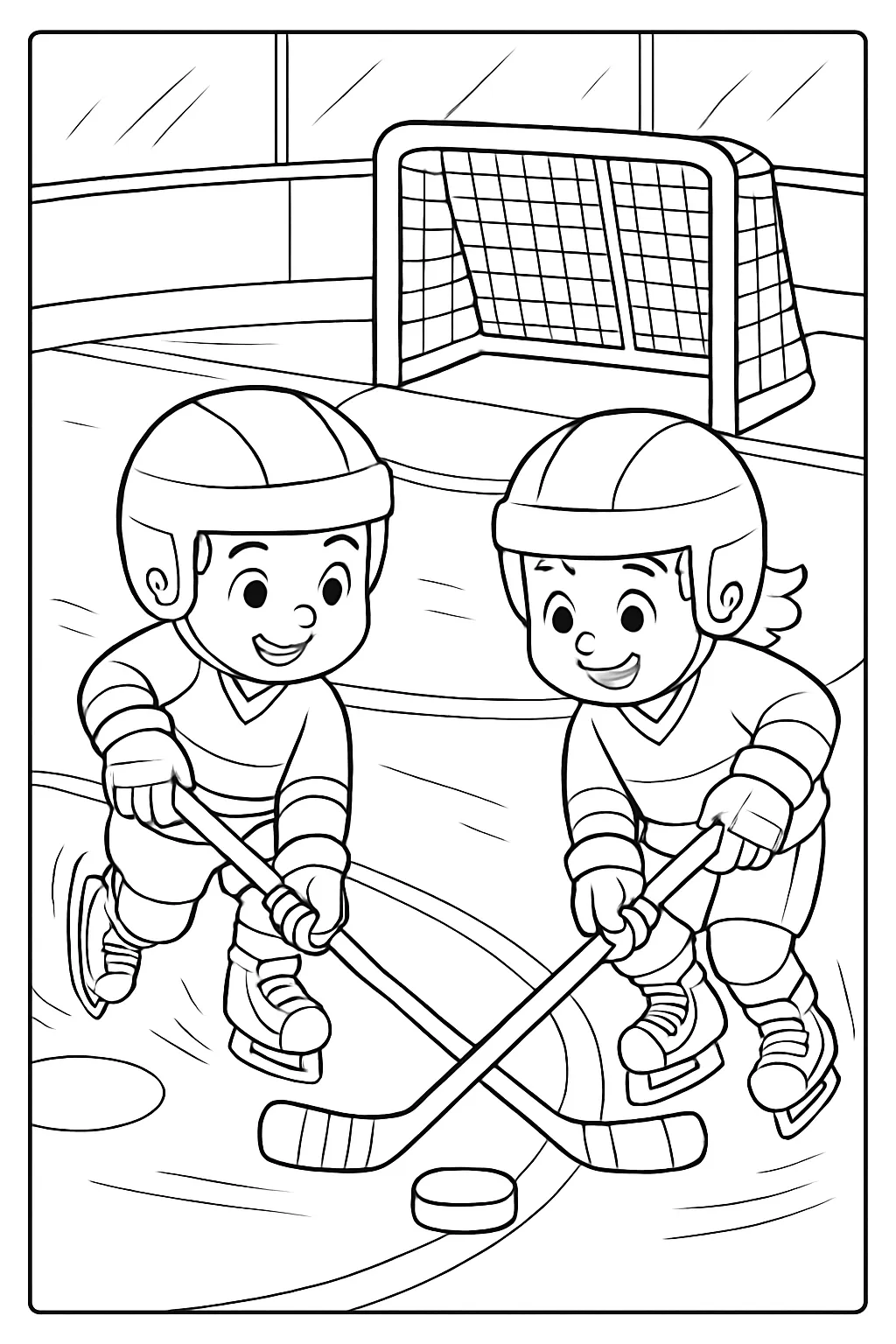Kids Playing Hockey Coloring Page