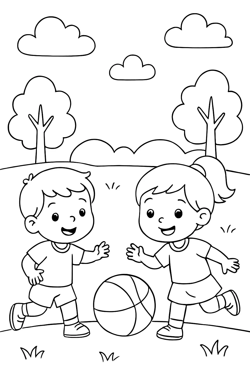 Preschool Kids Playing Sports Coloring Page