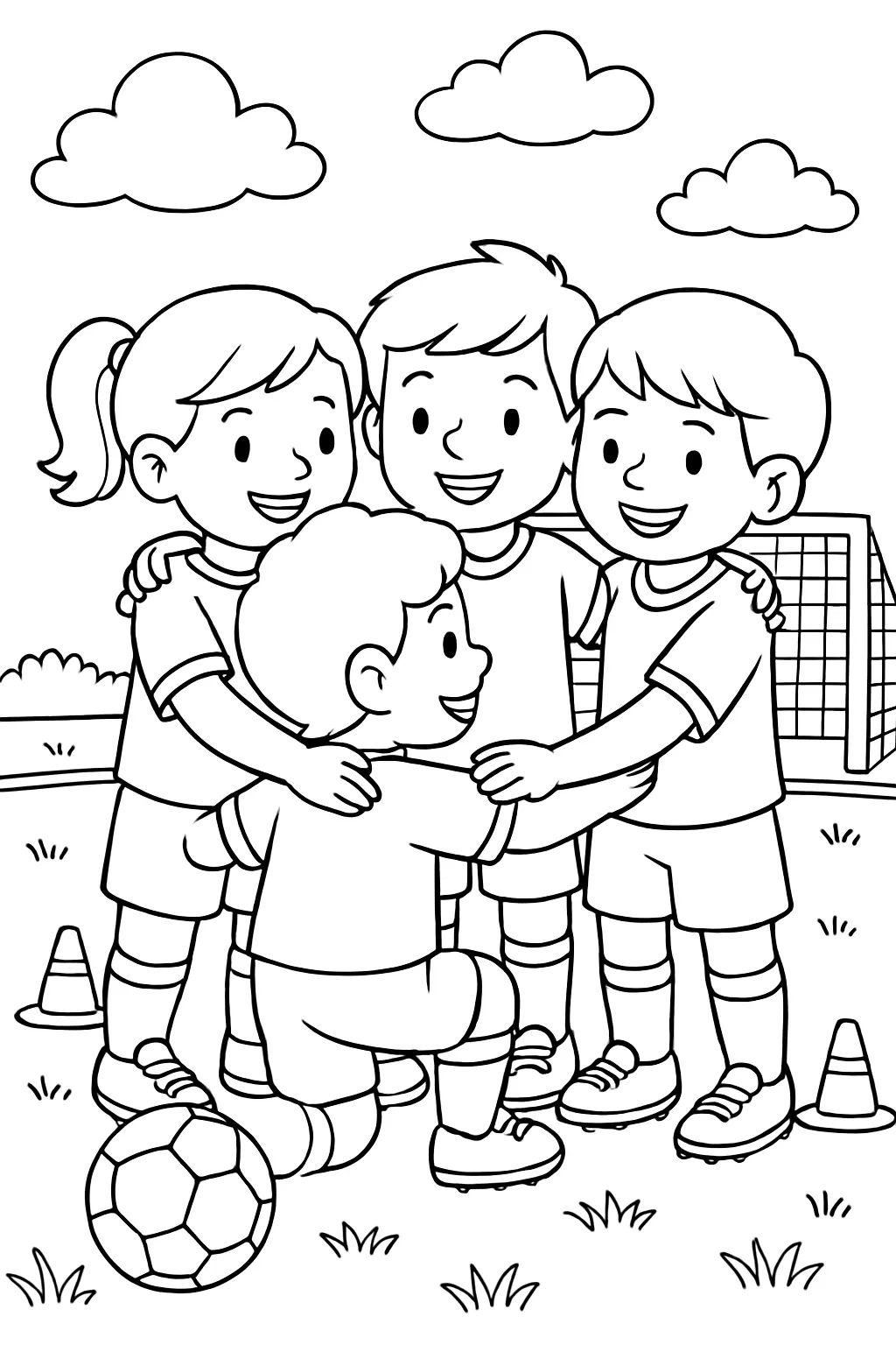 Kids Soccer Team Huddle Coloring Page