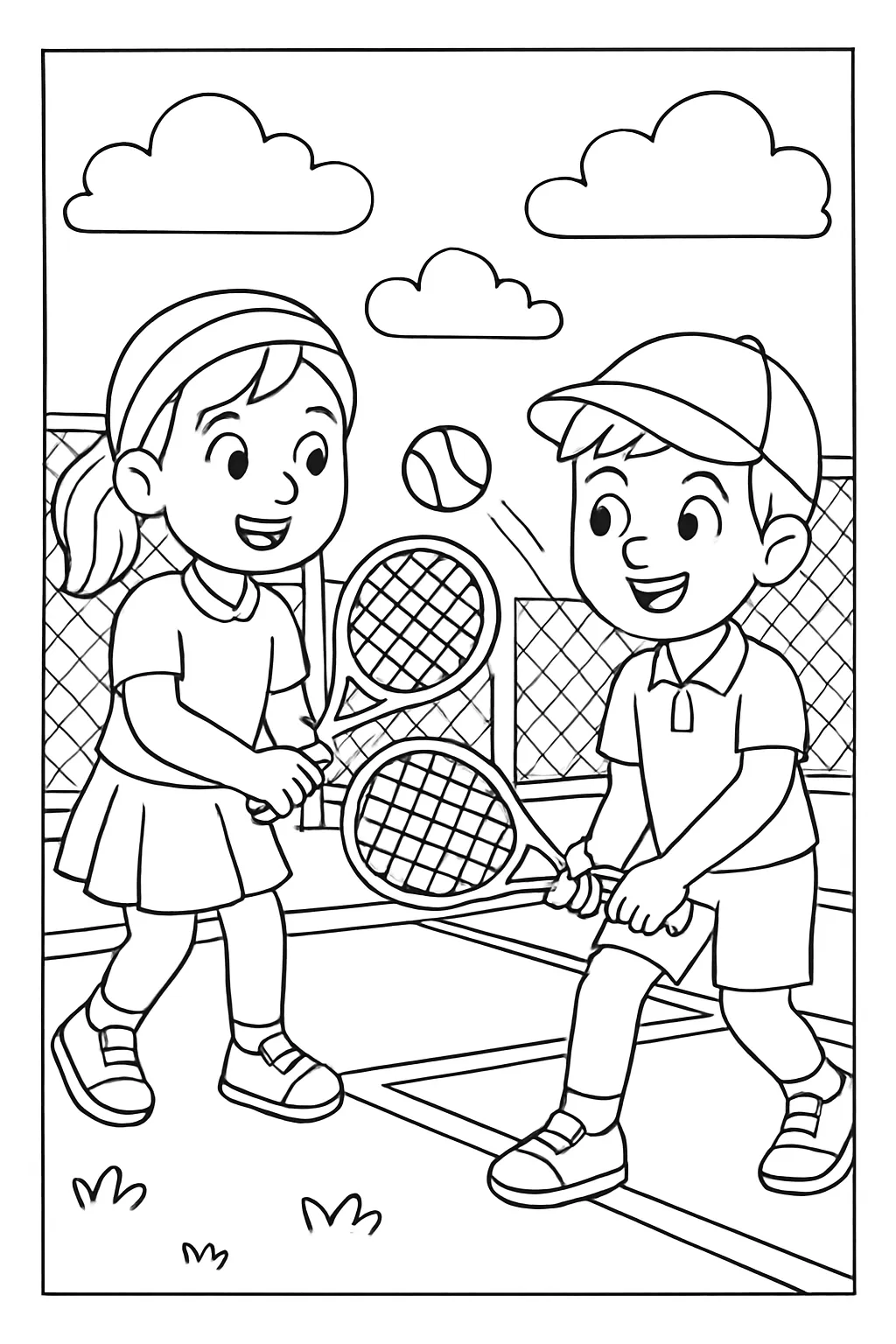 Kids Playing Tennis Coloring Page