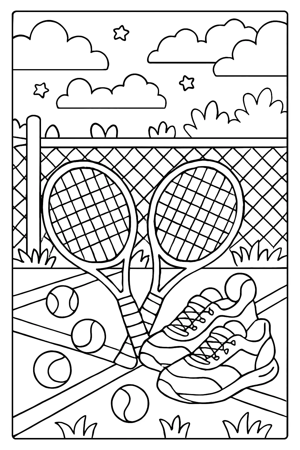 Tennis Net and Rackets Coloring Page