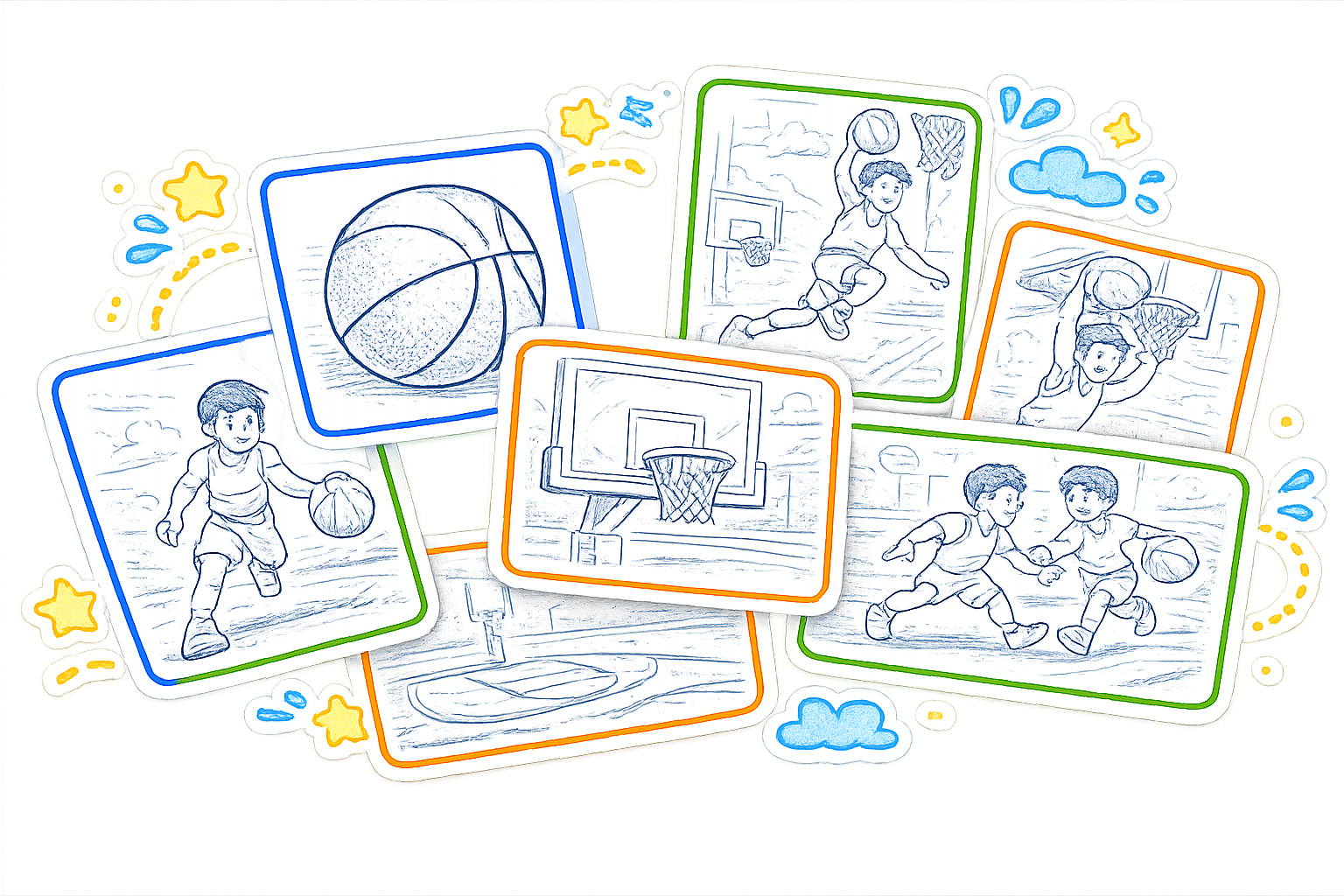 Illustrated Basketball Coloring Pages preview collage