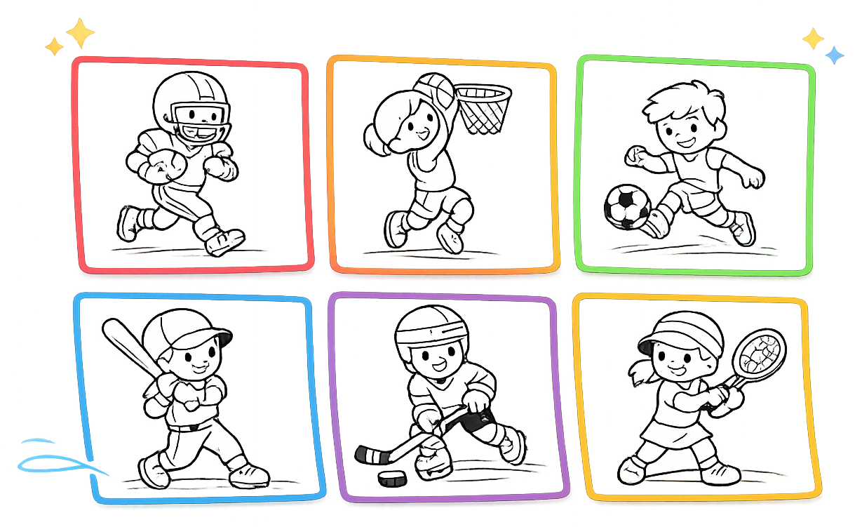 Collage of illustrated football, basketball, and soccer coloring pages